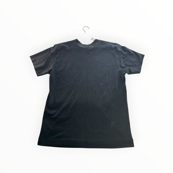 Secondstore black cotton crew neck t-shirt viewed from the back against a white background