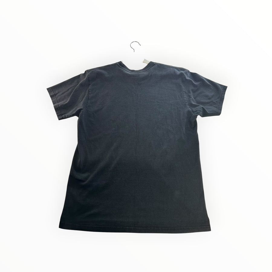 Secondstore black cotton crew neck t-shirt viewed from the back against a white background