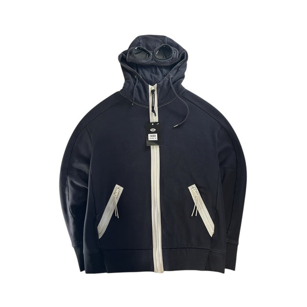 Secondstore black C.P. Company zip-up hoodie featuring signature integrated hood goggles and white zip detailing.