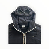 Secondstore black C.P. Company cotton zip-up hoodie featuring signature integrated hood goggles and white zip detail.