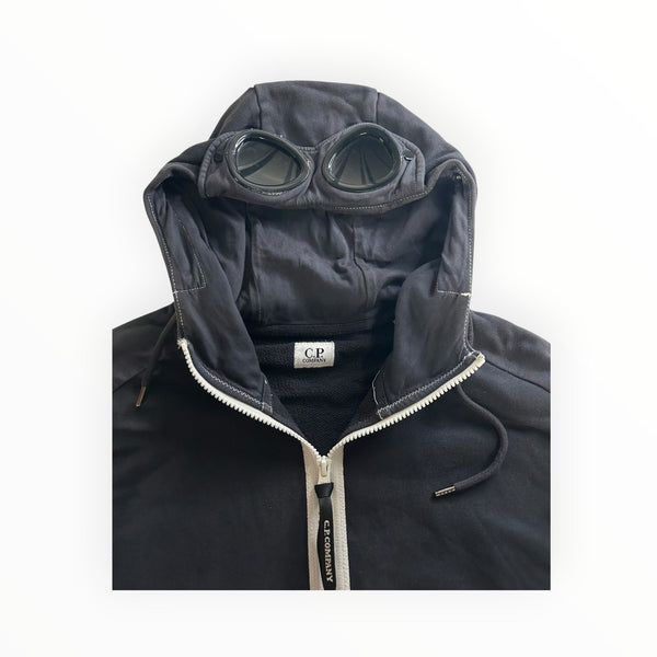 Secondstore black C.P. Company cotton zip-up hoodie featuring signature integrated hood goggles and white zip detail.