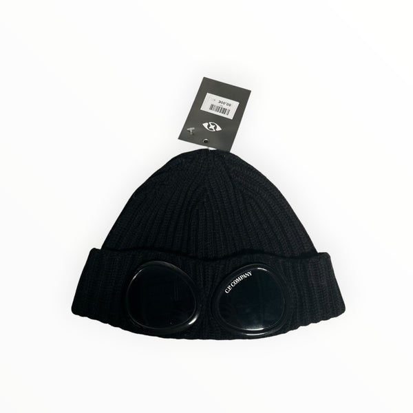 Secondstore black ribbed wool C.P. Company beanie featuring signature integrated goggles and a turn-up hem.
