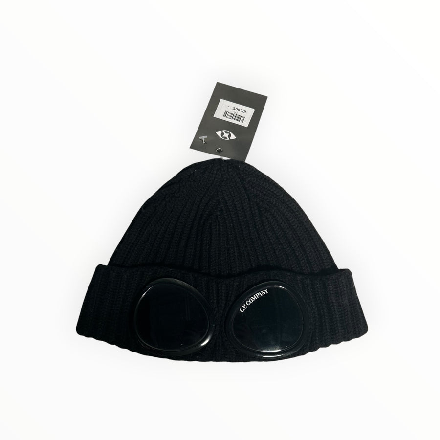 Secondstore black ribbed wool C.P. Company beanie featuring signature integrated goggles and a turn-up hem.