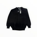Cardigan noir en maille Secondstore avec col en V, coupe classique et finitions côtelées, style minimaliste.