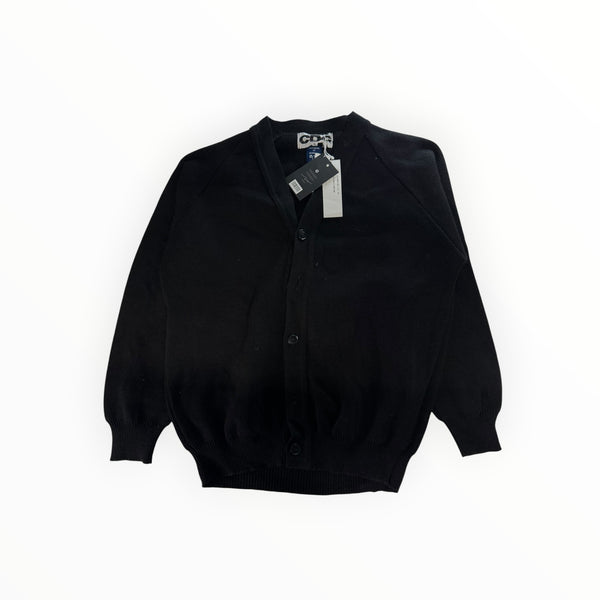 Cardigan noir en maille Secondstore avec col en V, coupe classique et finitions côtelées, style minimaliste.