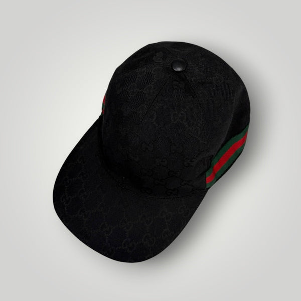 Casquette de baseball Secondstore Gucci noire avec monogramme GG ton sur ton et bande latérale rouge et verte