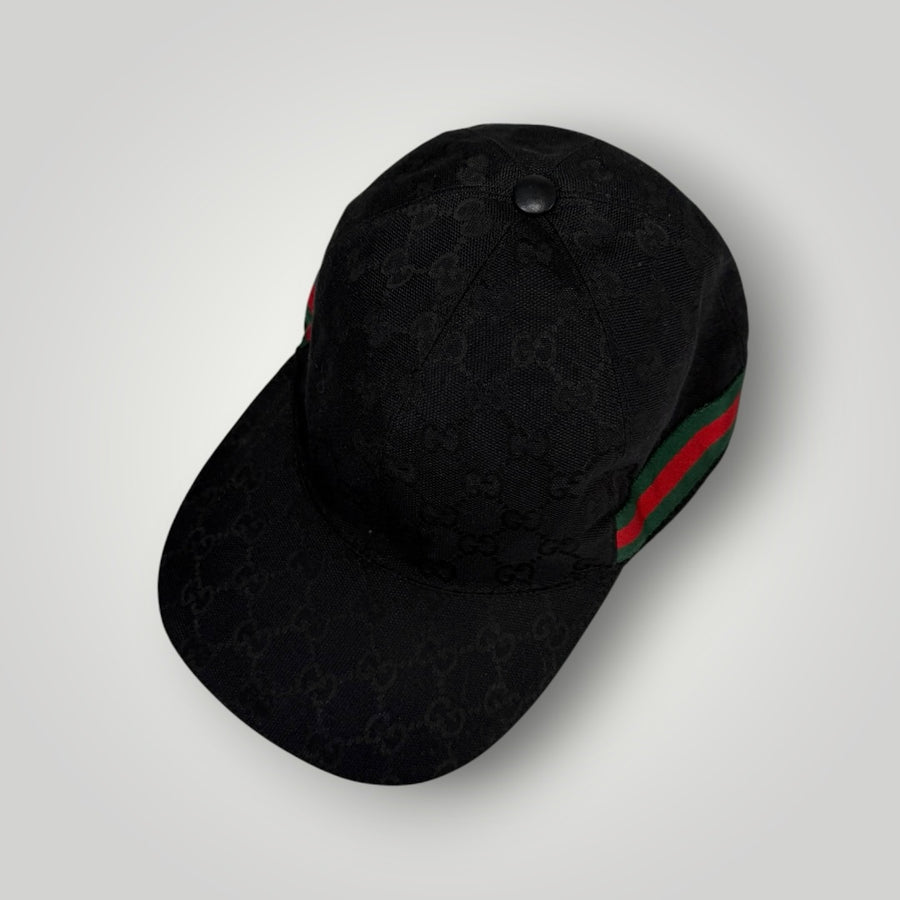 Casquette de baseball Secondstore Gucci noire avec monogramme GG ton sur ton et bande latérale rouge et verte