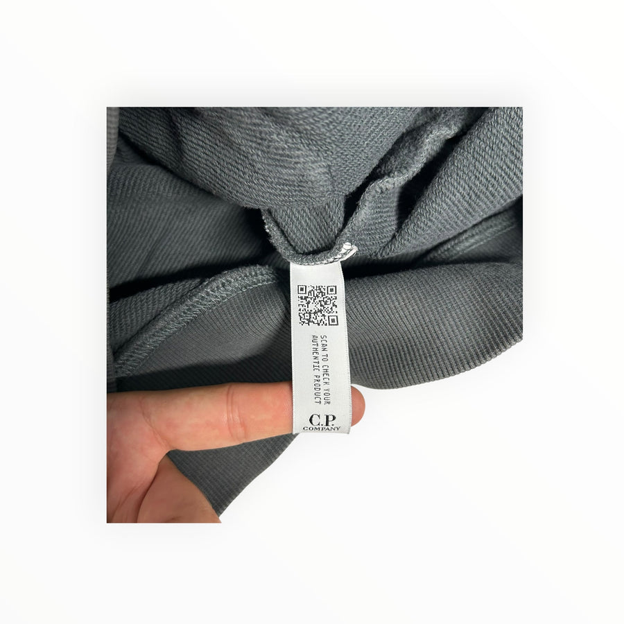 Secondstore C.P. Company charcoal grey hooded sweatshirt interior authenticity label with QR code