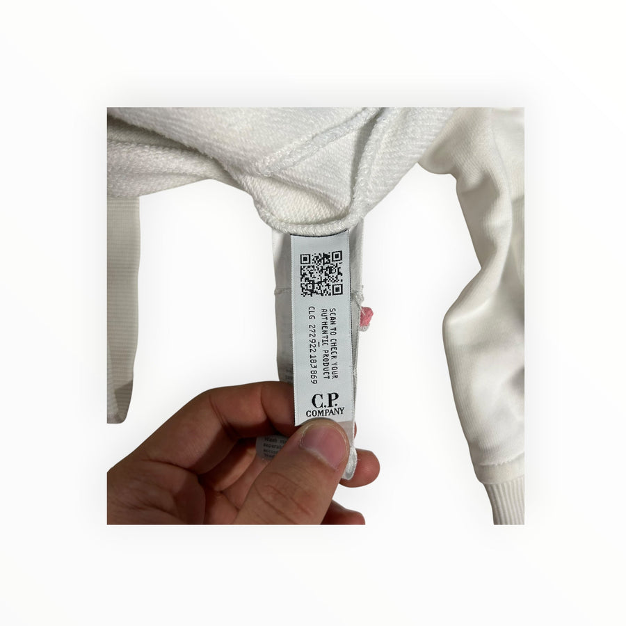 Secondstore C.P. Company white hooded sweatshirt authenticity label with QR code and CLG code held by hand
