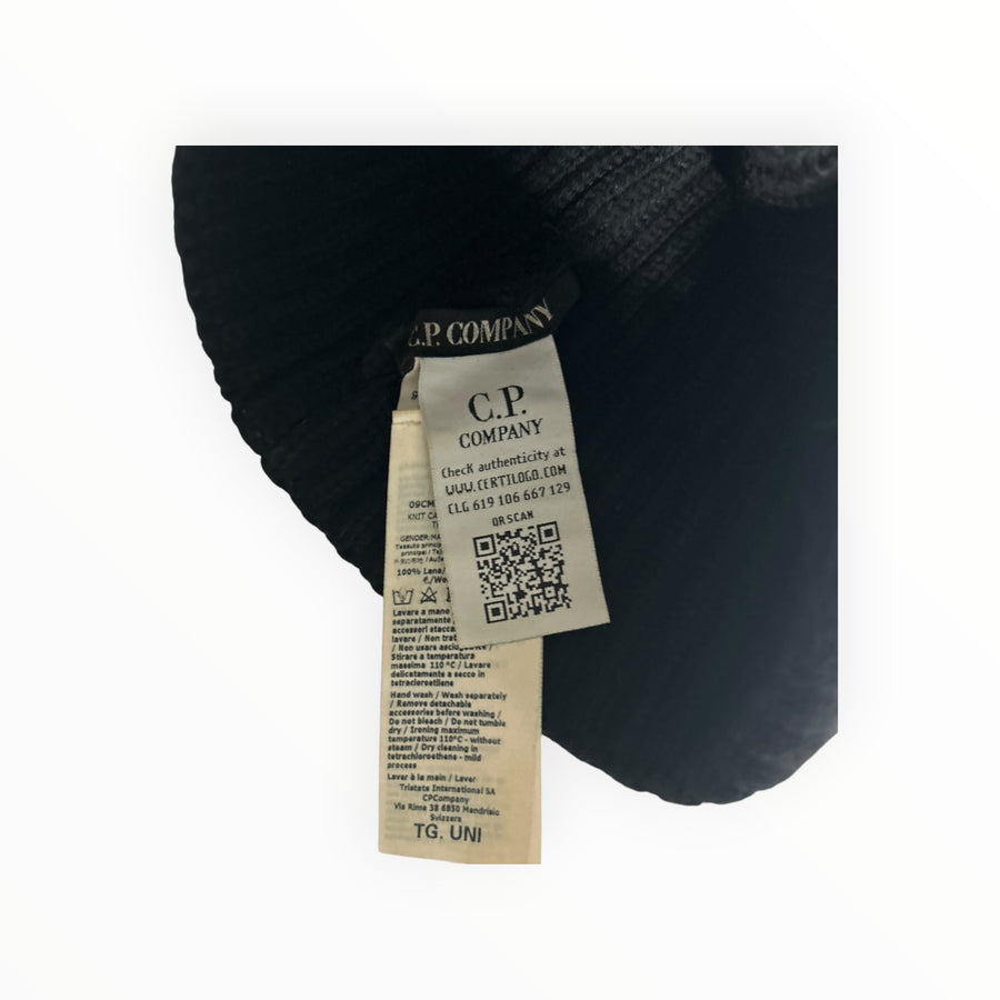 Secondstore C.P. Company ribbed beanie interior label with authenticity QR code and care instructions
