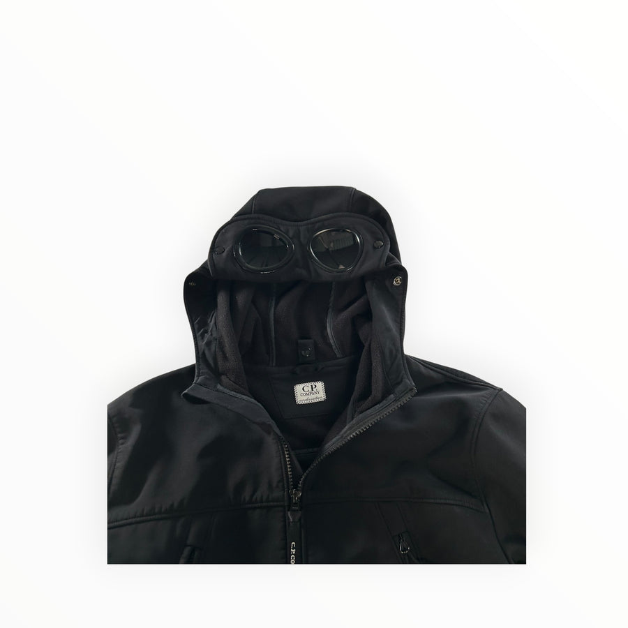 Secondstore C.P. Company black Goggle jacket in technical soft shell fabric with signature lens hood and fleece lining