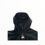 Secondstore black C.P. Company Goggle Jacket in recycled nylon with integrated hood goggles and front zip closure