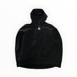 Secondstore black C.P. Company Goggle Jacket in recycled nylon soft-shell with integrated hood goggles and zip pockets.