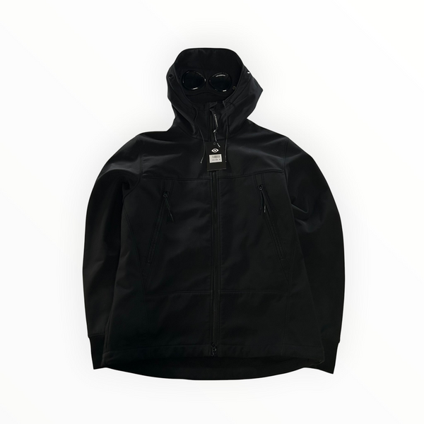Secondstore black C.P. Company Goggle Jacket in recycled nylon soft-shell with integrated hood goggles and zip pockets.