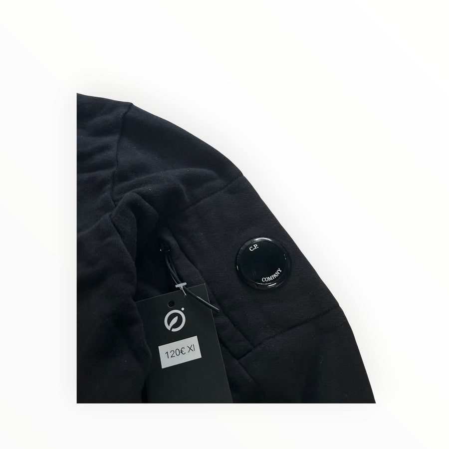 Secondstore C.P. Company black cotton crewneck sweatshirt featuring the iconic sleeve lens pocket and brand tag