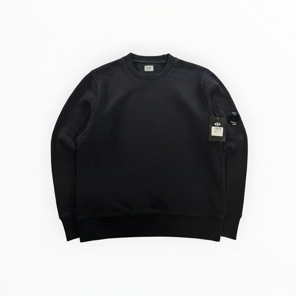 Secondstore black C.P. Company crewneck sweatshirt in soft cotton jersey with signature lens detail on the sleeve.