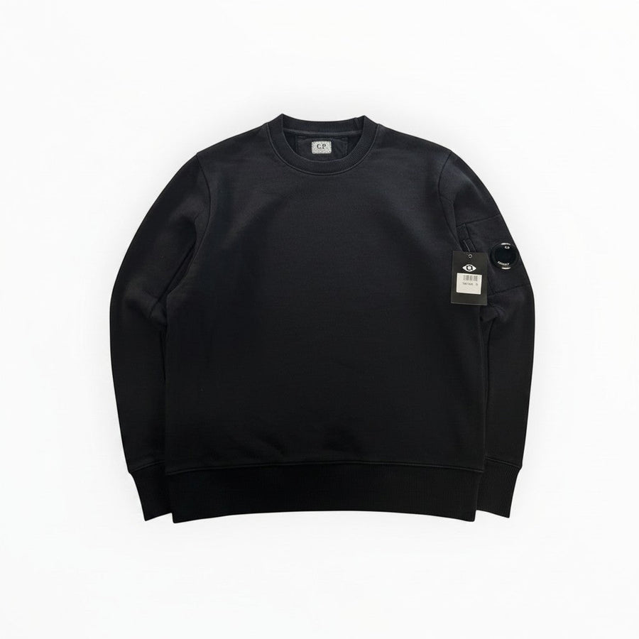 Secondstore black C.P. Company crewneck sweatshirt in soft cotton jersey with signature lens detail on the sleeve.