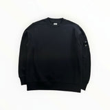 Secondstore black C.P. Company crewneck sweatshirt in soft cotton with signature lens detail on the sleeve pocket.