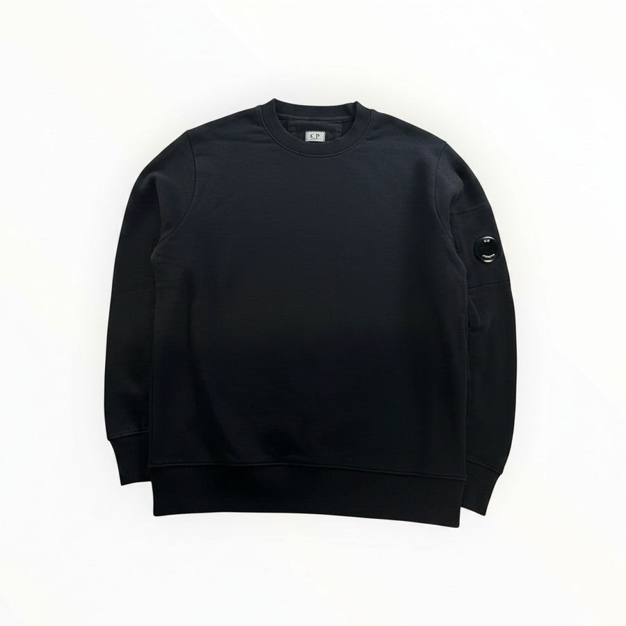 Secondstore black C.P. Company crewneck sweatshirt in soft cotton with signature lens detail on the sleeve pocket.