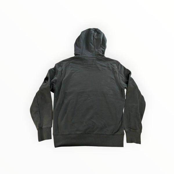 Secondstore C.P. Company charcoal grey cotton hooded sweatshirt with signature sleeve lens detail, back view.