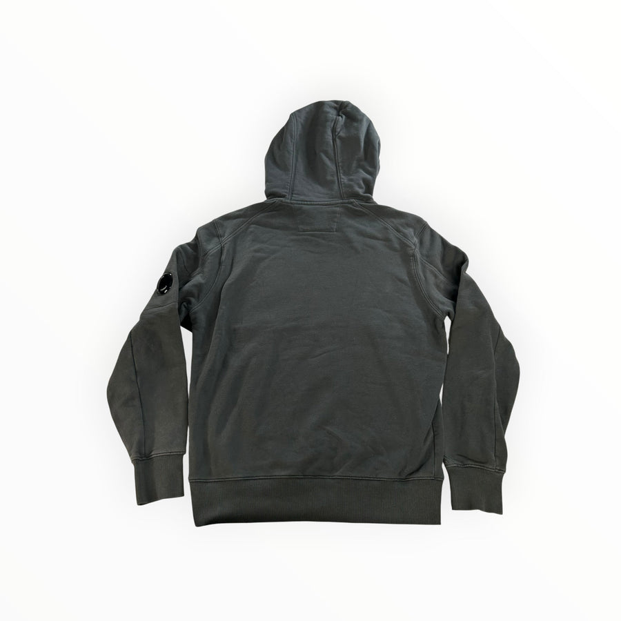 Secondstore C.P. Company charcoal grey cotton hooded sweatshirt with signature sleeve lens detail, back view.