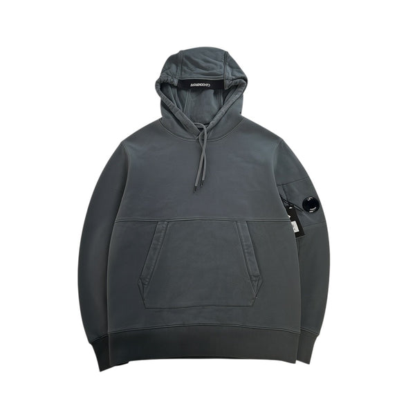 Secondstore charcoal grey C.P. Company cotton hooded sweatshirt with signature sleeve lens and front kangaroo pocket