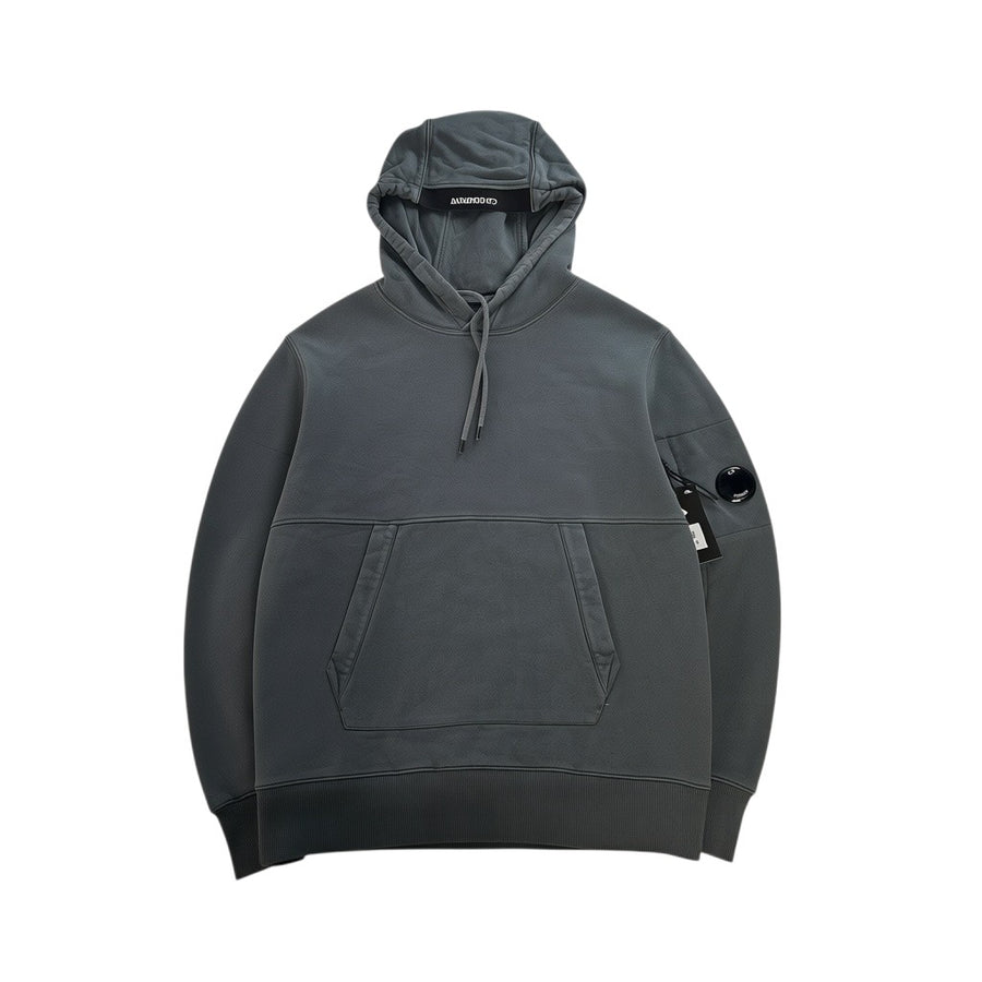 Secondstore charcoal grey C.P. Company cotton hooded sweatshirt with signature sleeve lens and front kangaroo pocket