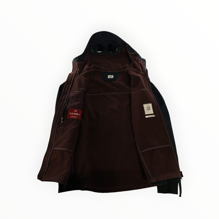 Secondstore C.P. Company Goggle Jacket in black with a deep burgundy fleece lining and signature hood lenses