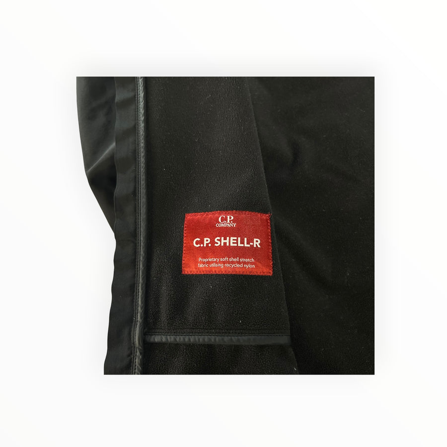 Secondstore C.P. Company Goggle Jacket black soft shell interior label with C.P. Shell-R branding and fleece lining