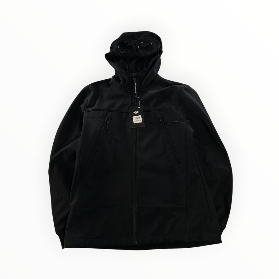 Veste noire Secondstore C.P. Company Goggle en tissu technique avec capuche à lunettes intégrées et poches zippées.