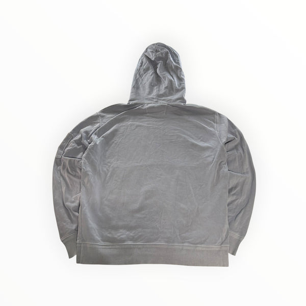 Secondstore C.P. Company light grey cotton hooded sweatshirt, back view showing the hood and ribbed hem details.