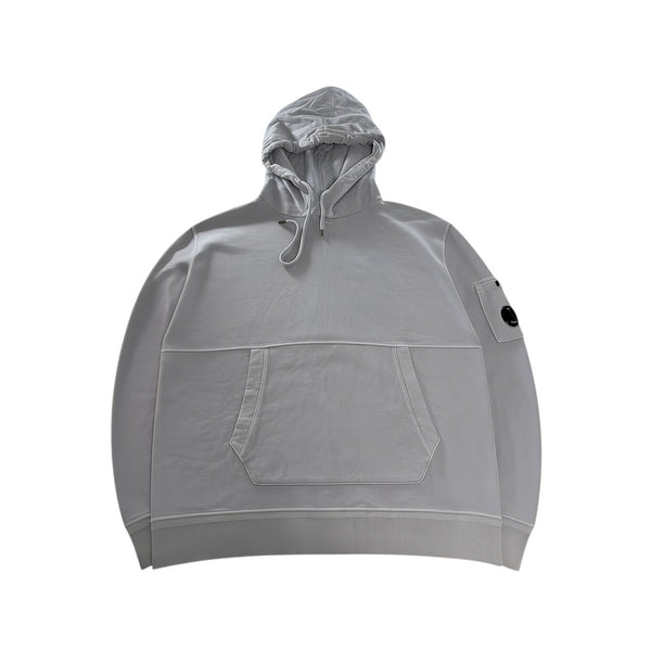 Secondstore light grey C.P. Company cotton hooded sweatshirt with front kangaroo pocket and signature sleeve lens