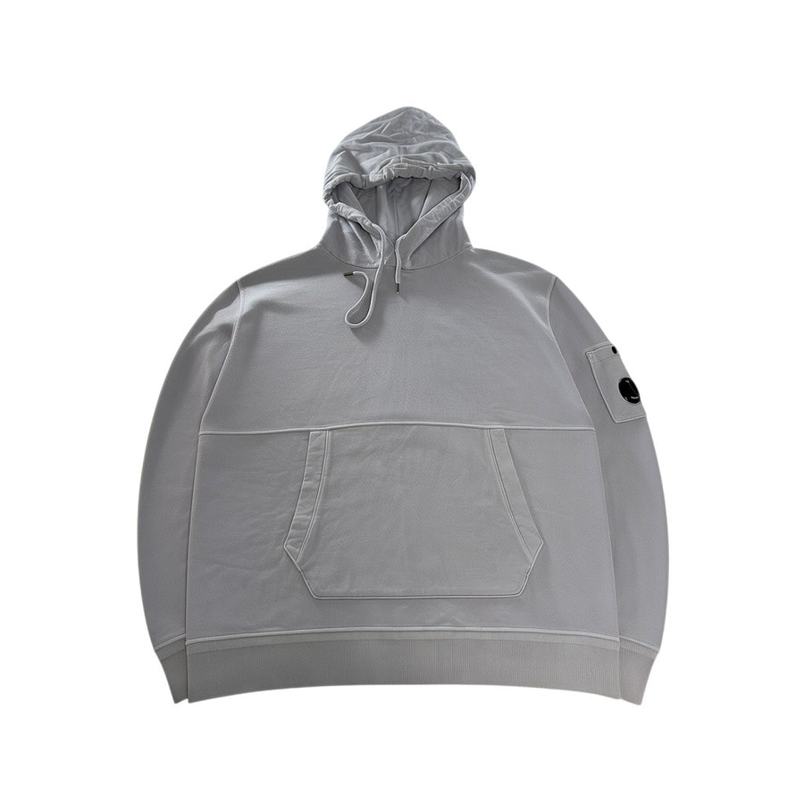 Secondstore light grey C.P. Company cotton hooded sweatshirt with front kangaroo pocket and signature sleeve lens