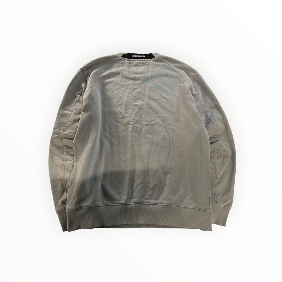 Secondstore C.P. Company grey cotton crewneck sweatshirt with ribbed hem and collar, back view.