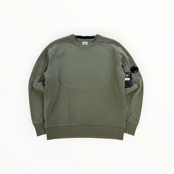Secondstore khaki C.P. Company crewneck sweatshirt in cotton with ribbed trim and iconic lens detail on the sleeve.