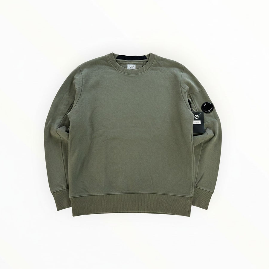 Secondstore khaki C.P. Company crewneck sweatshirt in cotton with ribbed trim and iconic lens detail on the sleeve.