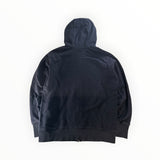 Secondstore navy C.P. Company cotton fleece zip-up hoodie with goggle hood, back view.