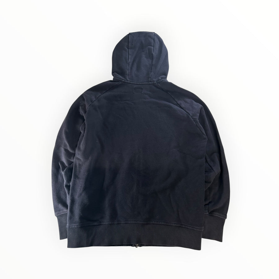Secondstore navy C.P. Company cotton fleece zip-up hoodie with goggle hood, back view.