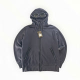 Secondstore navy C.P. Company cotton fleece zip-up hoodie featuring the signature integrated goggle hood.