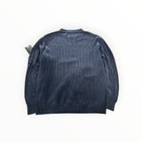 Secondstore navy blue C.P. Company ribbed knit crewneck sweater with long sleeves and ribbed cuffs, back view.