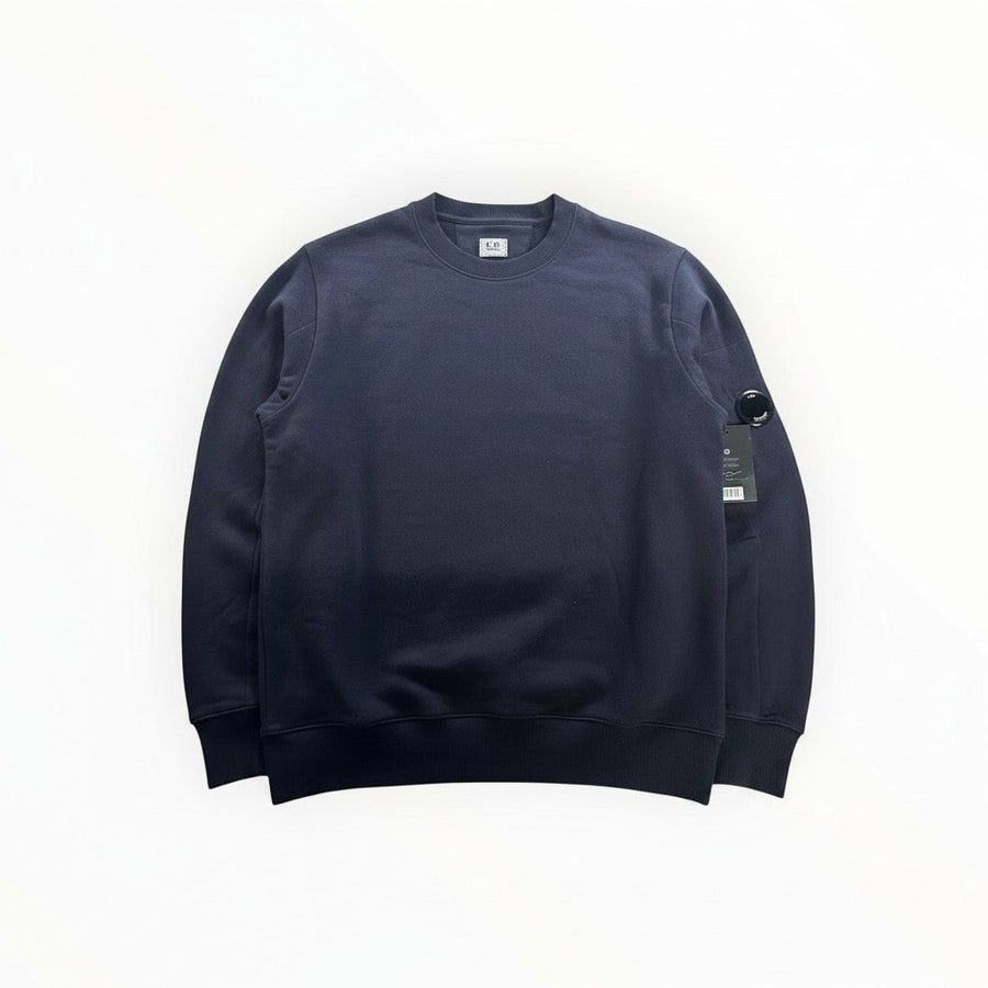 Secondstore navy C.P. Company crewneck sweatshirt in soft cotton with signature lens detail on the left sleeve.