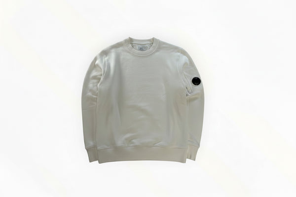 Secondstore C.P. Company off-white crewneck sweatshirt with signature lens detail on the utility sleeve pocket