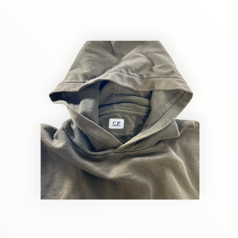 Secondstore C.P. Company olive-khaki cotton hooded sweatshirt with a structured hood and internal brand label