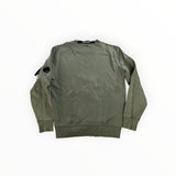 Secondstore C.P. Company olive green cotton crewneck sweatshirt with signature lens pocket on the left sleeve.