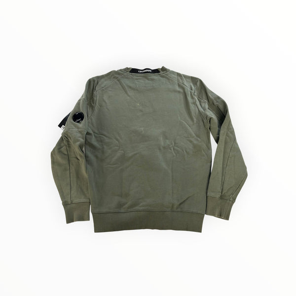 Secondstore C.P. Company olive green cotton crewneck sweatshirt with signature lens pocket on the left sleeve.