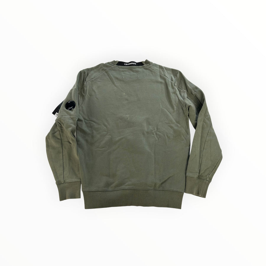 Secondstore C.P. Company olive green cotton crewneck sweatshirt with signature lens pocket on the left sleeve.