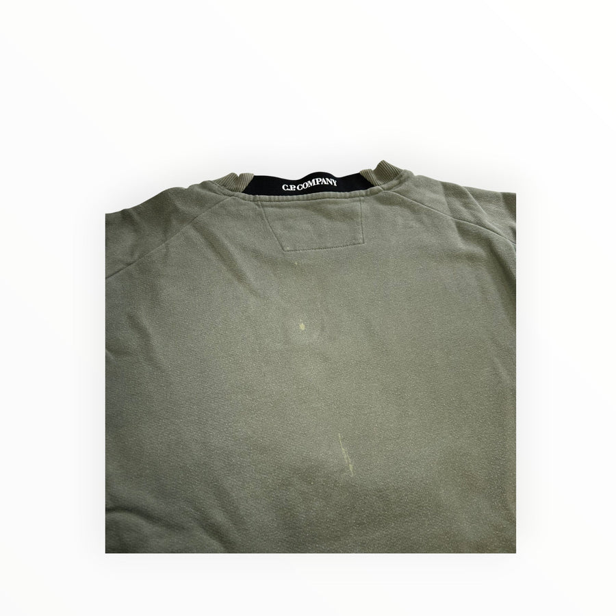 Secondstore C.P. Company olive green cotton crewneck sweatshirt with ribbed collar and interior brand label detail.