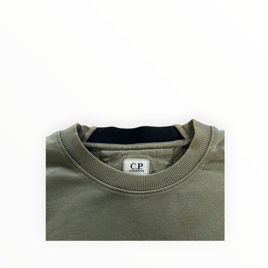 Secondstore C.P. Company olive green cotton crewneck sweatshirt with ribbed collar and internal brand label detail