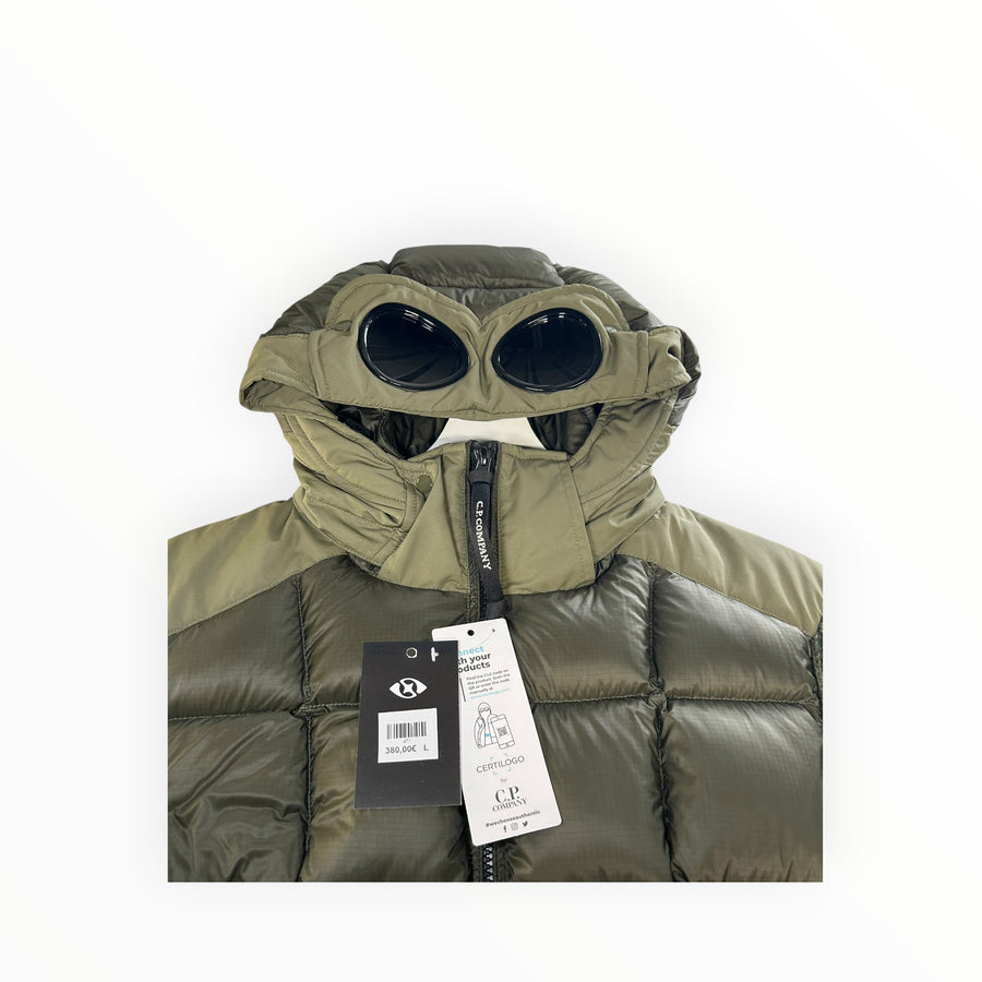 Secondstore C.P. Company olive green down jacket with signature goggle hood and integrated lenses, front view.