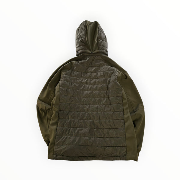 Secondstore C.P. Company olive green hybrid goggle jacket with quilted back panel and soft-shell sleeves